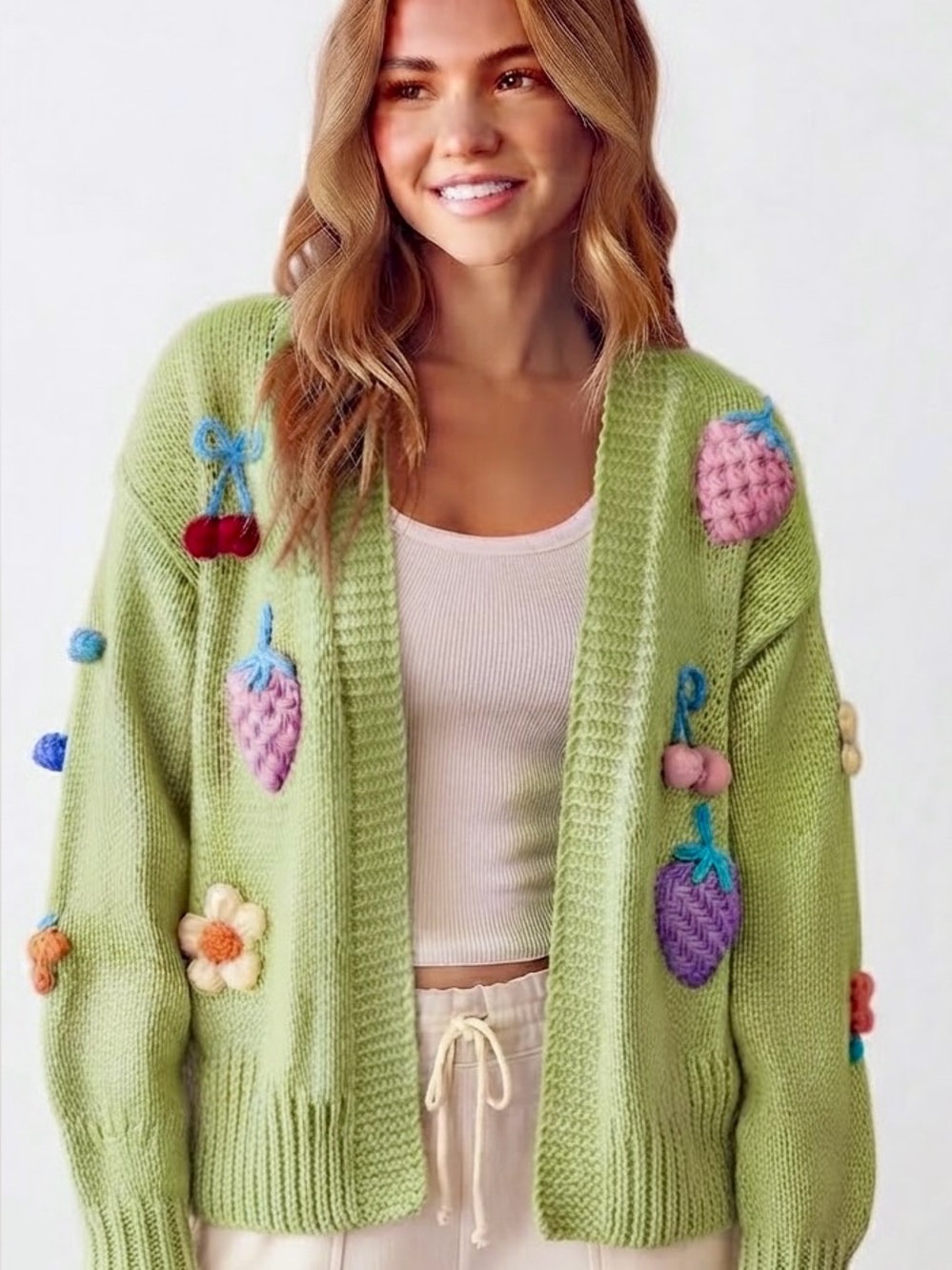 Le Lis Light Green Knit Cardigan with Colorful 3D Fruit Appliqués